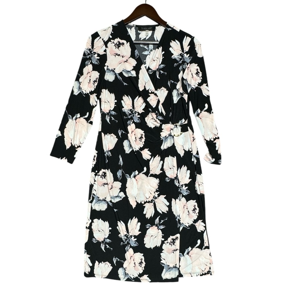 Evan Picone Black Label Floral Faux Wrap Midi Dress Womens Sz 6 Black Pink Party